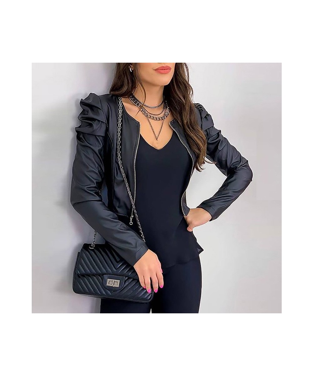 2023 Jacket Women Zipper Leather Jackets Coat Autumn Puff Sleeve Black Outwear Coat Elegant Slim Jacket Women's Black Jack Co...