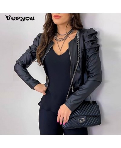 2023 Jacket Women Zipper Leather Jackets Coat Autumn Puff Sleeve Black Outwear Coat Elegant Slim Jacket Women's Black Jack Co...