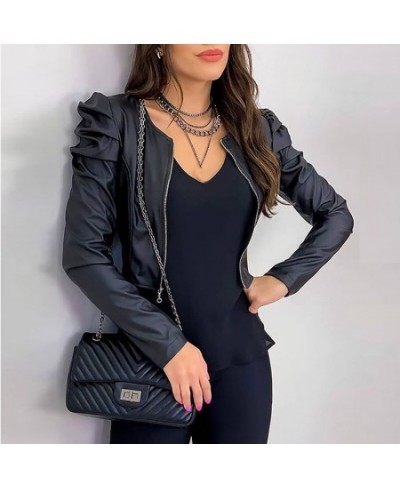 2023 Jacket Women Zipper Leather Jackets Coat Autumn Puff Sleeve Black Outwear Coat Elegant Slim Jacket Women's Black Jack Co...