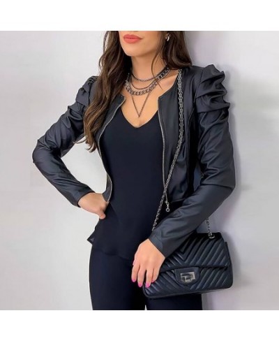 2023 Jacket Women Zipper Leather Jackets Coat Autumn Puff Sleeve Black Outwear Coat Elegant Slim Jacket Women's Black Jack Co...