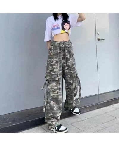 American retro camouflage overalls women's loose casual jeans high waist straight overalls street versatile jeans women $44.2...