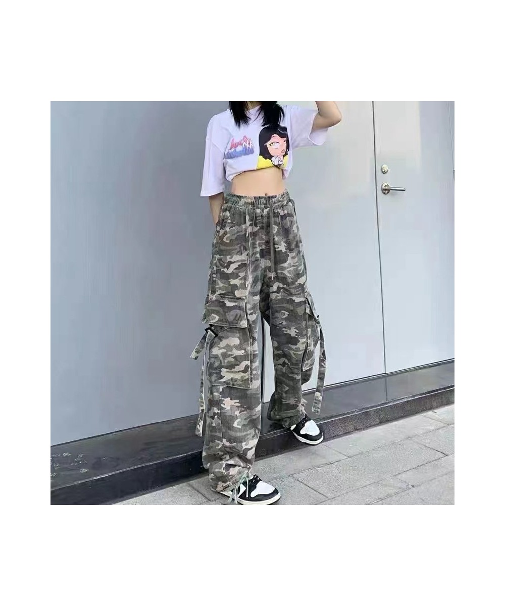 American retro camouflage overalls women's loose casual jeans high waist straight overalls street versatile jeans women $44.2...