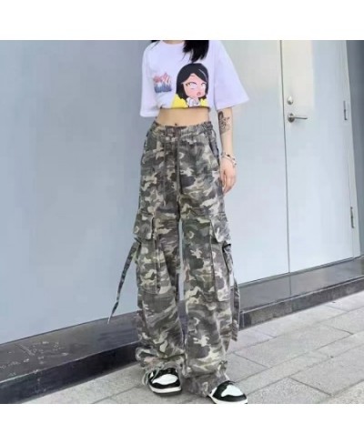 American retro camouflage overalls women's loose casual jeans high waist straight overalls street versatile jeans women $44.2...