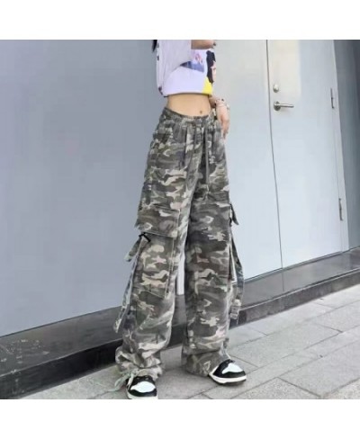 American retro camouflage overalls women's loose casual jeans high waist straight overalls street versatile jeans women $44.2...