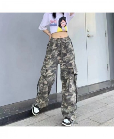 American retro camouflage overalls women's loose casual jeans high waist straight overalls street versatile jeans women $44.2...