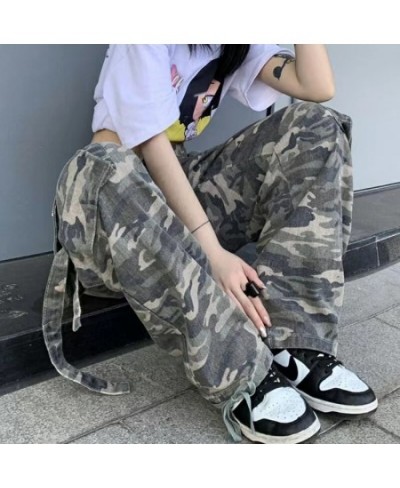 American retro camouflage overalls women's loose casual jeans high waist straight overalls street versatile jeans women $44.2...