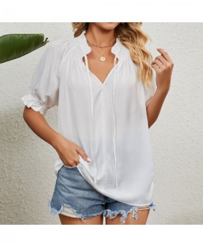 European And American New Independent Stand Tie Princess Sleeve Shirred Chiffon Top Women $36.08 - Tops & Tees