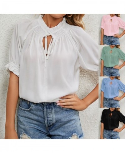 European And American New Independent Stand Tie Princess Sleeve Shirred Chiffon Top Women $36.08 - Tops & Tees