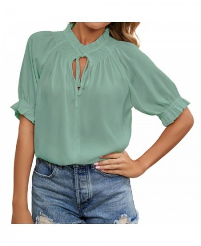 European And American New Independent Stand Tie Princess Sleeve Shirred Chiffon Top Women $36.08 - Tops & Tees