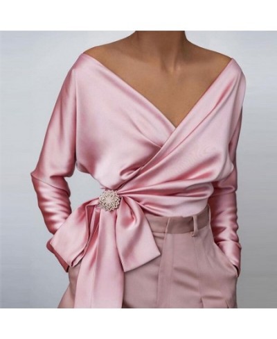 Shine Blouses Women Lace Up Bow Shiny Wrap Long Sleeves Bare Shoulder Spring Elegant Fashion Ladies Modest Classy Party Bluas...