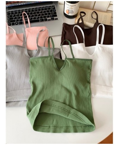 Women Knitted Camis With Padded Basics Solid Camisole Female V-neck Bra Spaghetti Sleeveless Tank Tops For Summer 2022 $14.08...