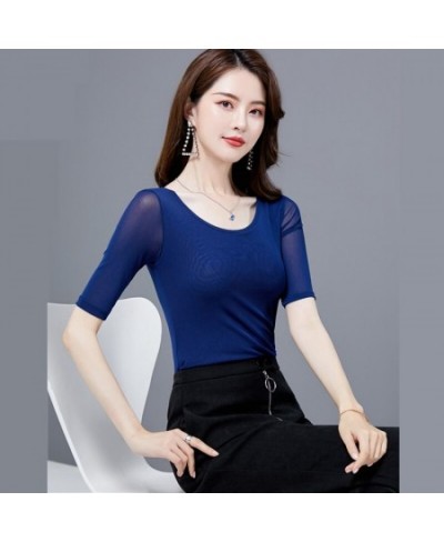 Korean Elasticity Mesh T-Shirt Women Harajuku Summer Turtleneck Short Sleeve T-shirts Women Vintage Office Lady Tshirts White...