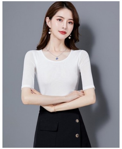 Korean Elasticity Mesh T-Shirt Women Harajuku Summer Turtleneck Short Sleeve T-shirts Women Vintage Office Lady Tshirts White...