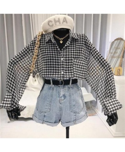 Plaid Shirt Vintage Chiffon Transparent Blouse Oversize Long Sleeve Button Up Cardigan Chic Korean Fashion Summer Top $26.17 ...