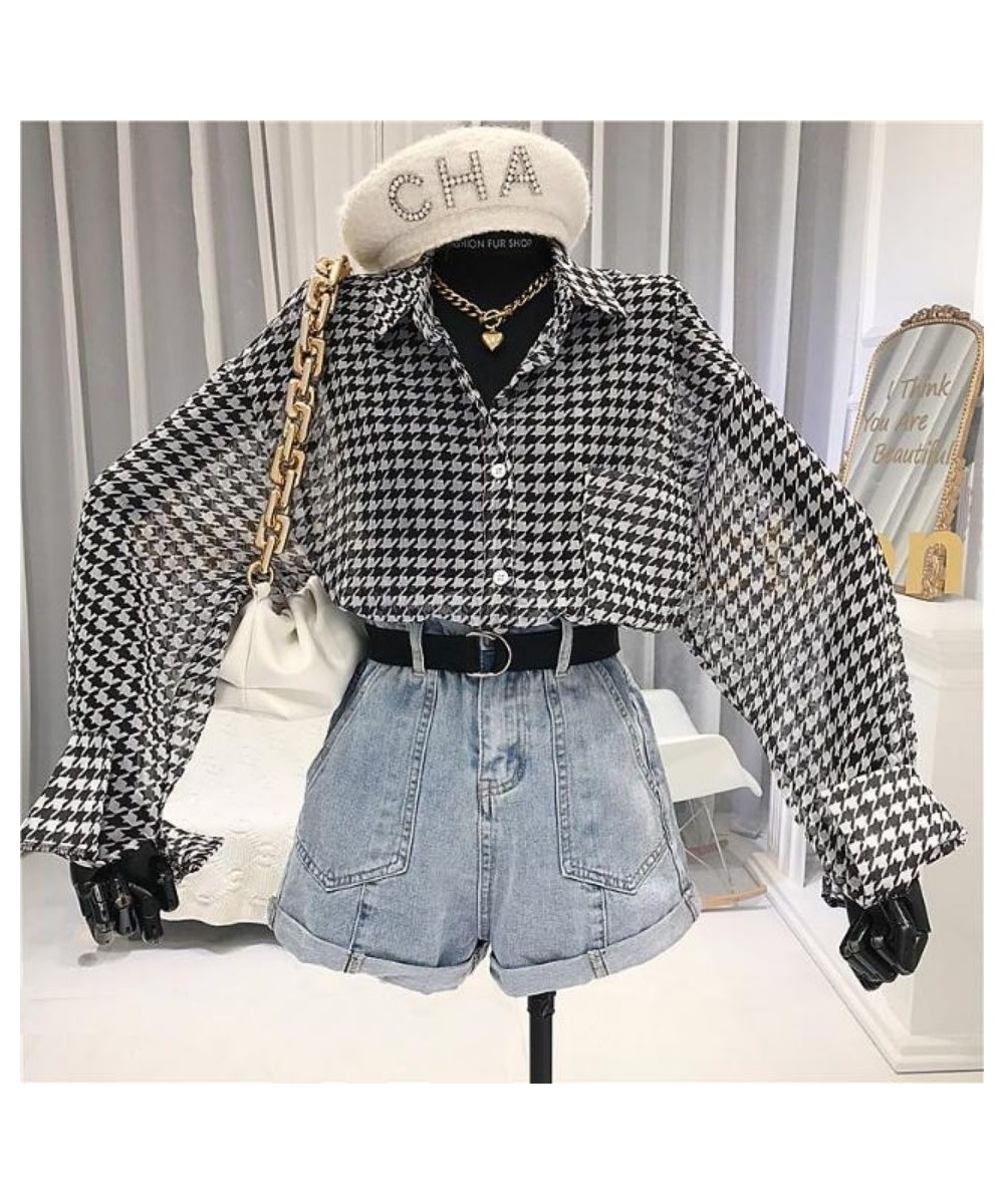 Plaid Shirt Vintage Chiffon Transparent Blouse Oversize Long Sleeve Button Up Cardigan Chic Korean Fashion Summer Top $26.17 ...