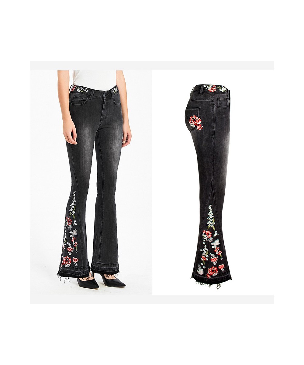 Am201 Autumn Women Flare Pants High Quality Embroidery Floral Punk Style Black All-Match Female Jean Denim Bell-Bottom Trouse...