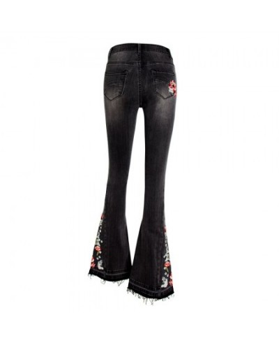 Am201 Autumn Women Flare Pants High Quality Embroidery Floral Punk Style Black All-Match Female Jean Denim Bell-Bottom Trouse...