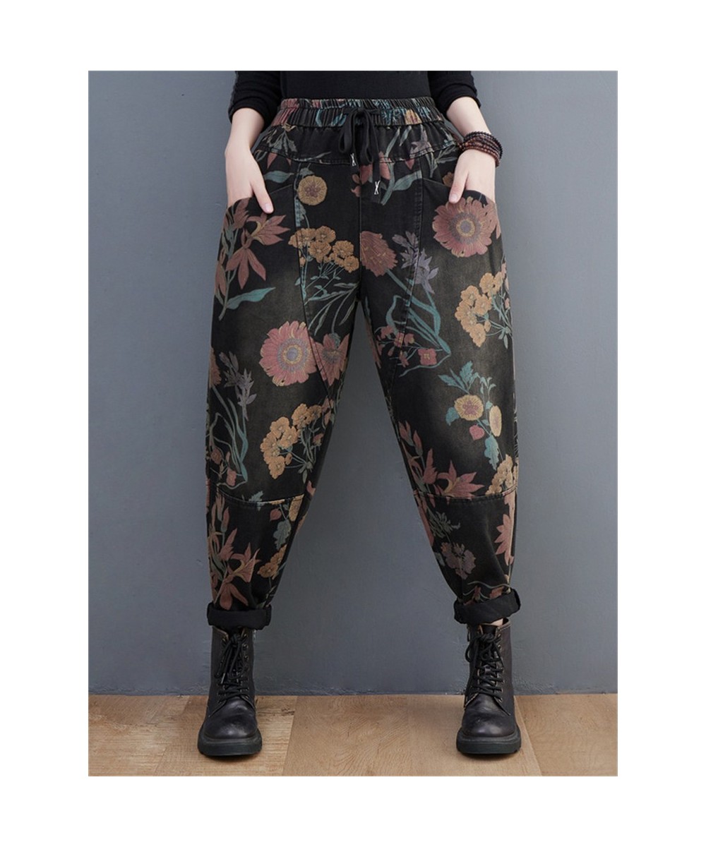 Denim Pants For Women Autumn Fashion Empire Waist Harem Jeans Vintage Print Elastic Waist Loose Casual Retro Trousers Female ...