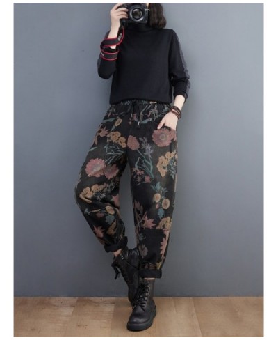 Denim Pants For Women Autumn Fashion Empire Waist Harem Jeans Vintage Print Elastic Waist Loose Casual Retro Trousers Female ...