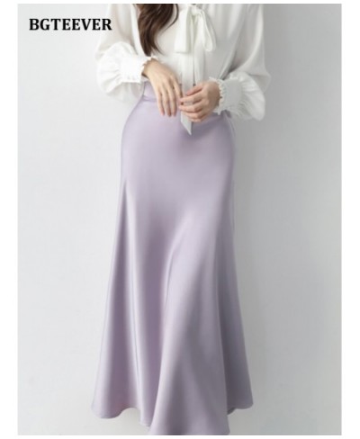 Elegant High Waist Satin Mermaid Skirts Women Summer Casual A-line Mid-calf Skirts Female $35.55 - Skirts