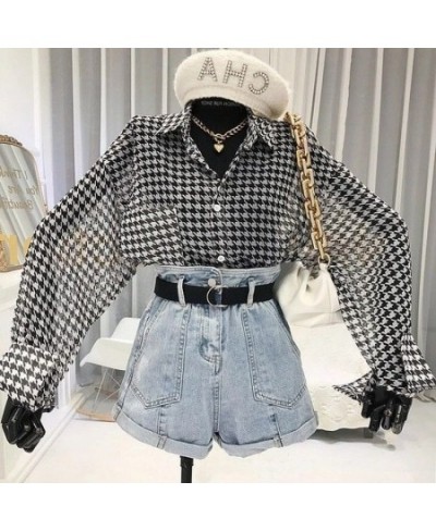 Plaid Shirt Vintage Chiffon Transparent Blouse Oversize Long Sleeve Button Up Cardigan Chic Korean Fashion Summer Top $26.17 ...