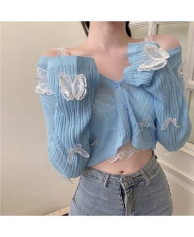 Autumn 2022 Cute Butterfly Knitted Cardigan Women Korean Sexy V-Neck Short Sweater Jacket Summer Long-sleeved Sunscreen Crop ...