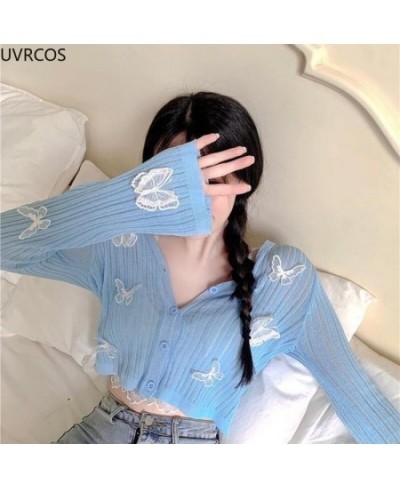 Autumn 2022 Cute Butterfly Knitted Cardigan Women Korean Sexy V-Neck Short Sweater Jacket Summer Long-sleeved Sunscreen Crop ...