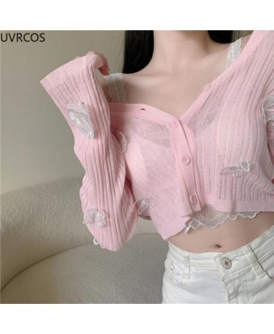 Autumn 2022 Cute Butterfly Knitted Cardigan Women Korean Sexy V-Neck Short Sweater Jacket Summer Long-sleeved Sunscreen Crop ...