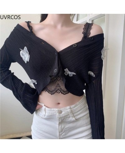 Autumn 2022 Cute Butterfly Knitted Cardigan Women Korean Sexy V-Neck Short Sweater Jacket Summer Long-sleeved Sunscreen Crop ...