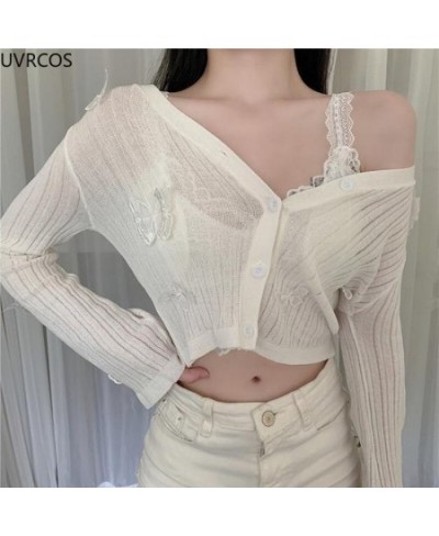 Autumn 2022 Cute Butterfly Knitted Cardigan Women Korean Sexy V-Neck Short Sweater Jacket Summer Long-sleeved Sunscreen Crop ...