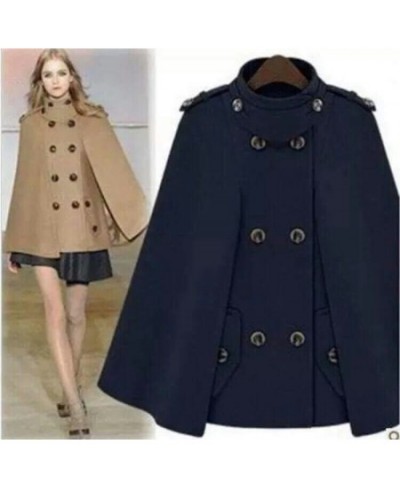 European Style 2023 Autumn Winter Women Double Breasted Pocket Cloak Coat Long Sleeve Blends Short Cape Coat Female High $81....