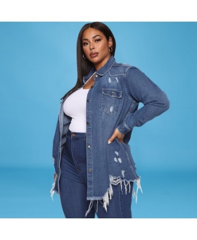 Plus Size Vintage Ripped Mid Long Sleeve Denim Jackets 4XL Women Streetwear Pockets Blue Jean Jacket Harajuk Loose Jeans Coat...