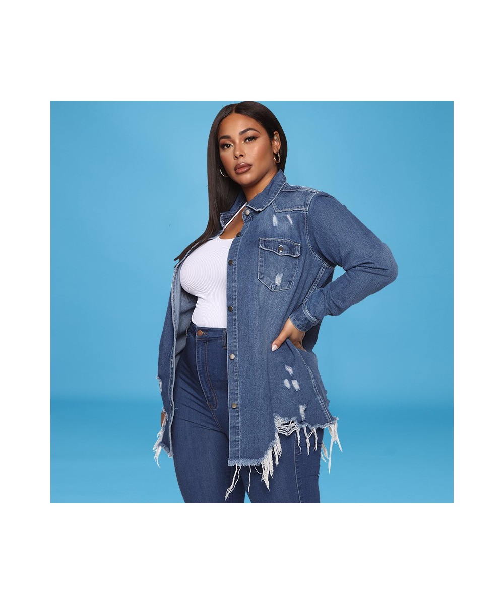 Plus Size Vintage Ripped Mid Long Sleeve Denim Jackets 4XL Women Streetwear Pockets Blue Jean Jacket Harajuk Loose Jeans Coat...