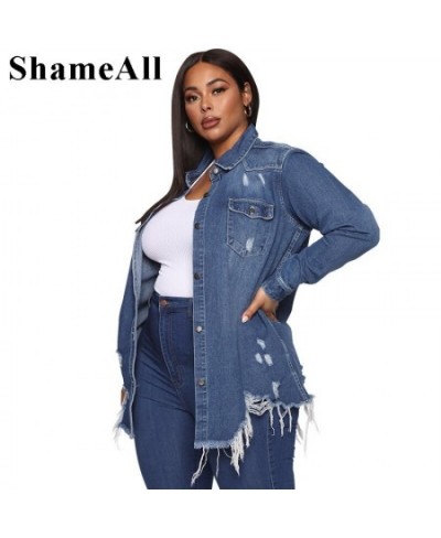 Plus Size Vintage Ripped Mid Long Sleeve Denim Jackets 4XL Women Streetwear Pockets Blue Jean Jacket Harajuk Loose Jeans Coat...