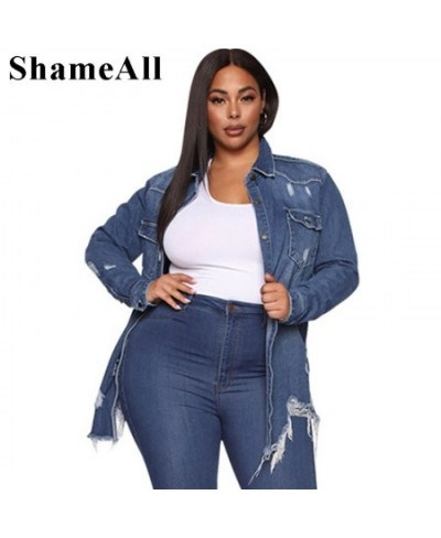 Plus Size Vintage Ripped Mid Long Sleeve Denim Jackets 4XL Women Streetwear Pockets Blue Jean Jacket Harajuk Loose Jeans Coat...