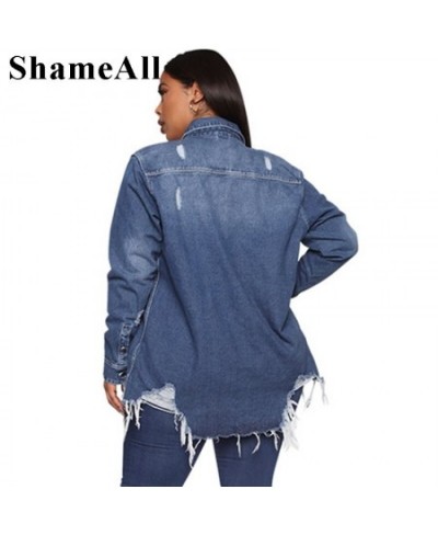 Plus Size Vintage Ripped Mid Long Sleeve Denim Jackets 4XL Women Streetwear Pockets Blue Jean Jacket Harajuk Loose Jeans Coat...