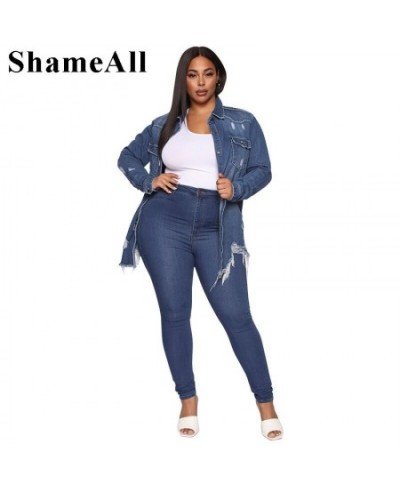 Plus Size Vintage Ripped Mid Long Sleeve Denim Jackets 4XL Women Streetwear Pockets Blue Jean Jacket Harajuk Loose Jeans Coat...