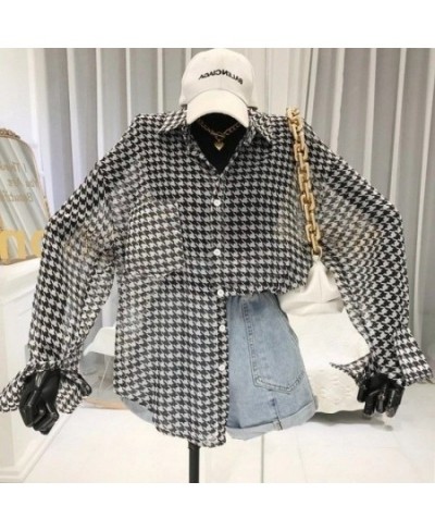 Plaid Shirt Vintage Chiffon Transparent Blouse Oversize Long Sleeve Button Up Cardigan Chic Korean Fashion Summer Top $26.17 ...