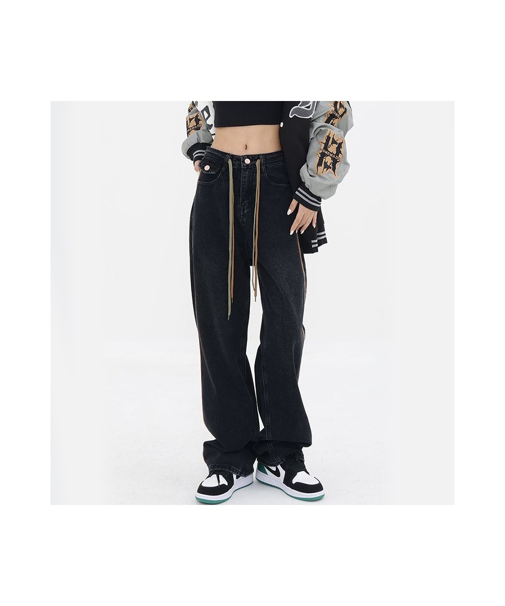 High Waist Women Drawstring Jeans American Retro Patchwork Loose Wide Leg Pants Y2K Fashion Female Straight Denim Trousers $4...