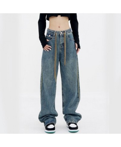 High Waist Women Drawstring Jeans American Retro Patchwork Loose Wide Leg Pants Y2K Fashion Female Straight Denim Trousers $4...