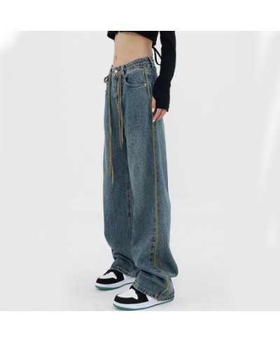 High Waist Women Drawstring Jeans American Retro Patchwork Loose Wide Leg Pants Y2K Fashion Female Straight Denim Trousers $4...