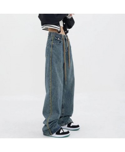 High Waist Women Drawstring Jeans American Retro Patchwork Loose Wide Leg Pants Y2K Fashion Female Straight Denim Trousers $4...