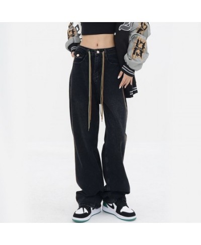 High Waist Women Drawstring Jeans American Retro Patchwork Loose Wide Leg Pants Y2K Fashion Female Straight Denim Trousers $4...