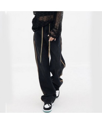 High Waist Women Drawstring Jeans American Retro Patchwork Loose Wide Leg Pants Y2K Fashion Female Straight Denim Trousers $4...