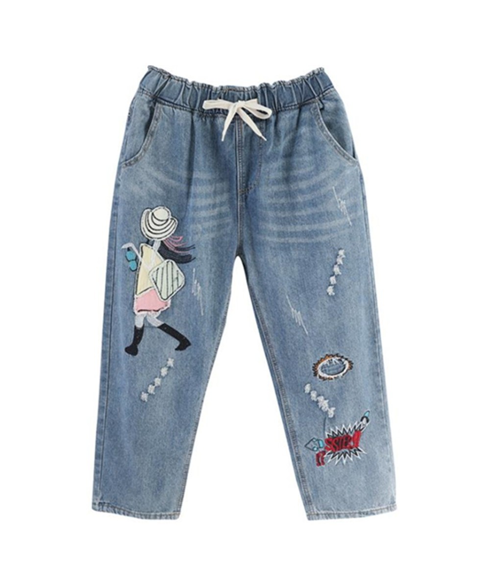 High Quality Women M-2XL Retro Patch Embroidered Printed Loose Jeans Oversized Light Blue Washed Ripped Jeans Cropped Pants $...