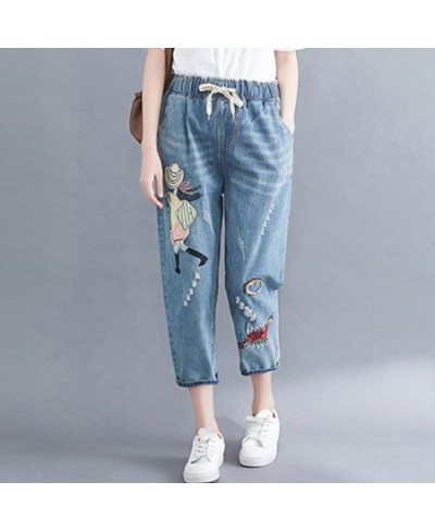 High Quality Women M-2XL Retro Patch Embroidered Printed Loose Jeans Oversized Light Blue Washed Ripped Jeans Cropped Pants $...