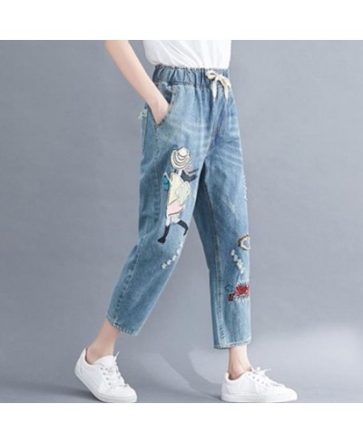 High Quality Women M-2XL Retro Patch Embroidered Printed Loose Jeans Oversized Light Blue Washed Ripped Jeans Cropped Pants $...