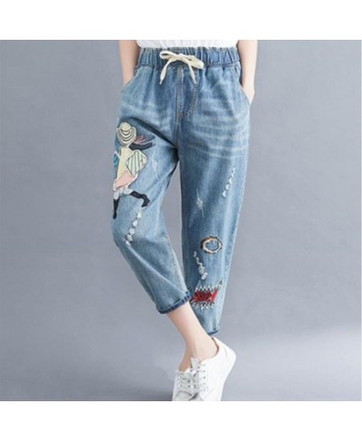 High Quality Women M-2XL Retro Patch Embroidered Printed Loose Jeans Oversized Light Blue Washed Ripped Jeans Cropped Pants $...