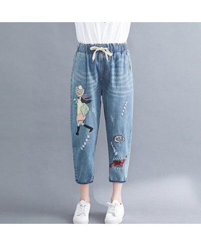 High Quality Women M-2XL Retro Patch Embroidered Printed Loose Jeans Oversized Light Blue Washed Ripped Jeans Cropped Pants $...