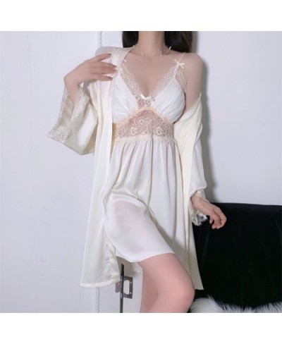 Twinset Kimono Robe Nightdress Suit Womens Lace Suspender Nightgown Bathrobe Gown Satin Home Wear Sleepwear Loungewear $43.37...